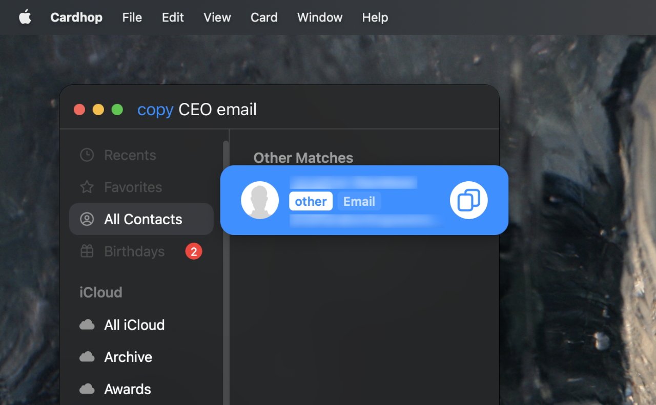 Sans même ouvrir la carte de contact du PDG, vous pouvez récupérer son adresse e-mail sur Cardhop