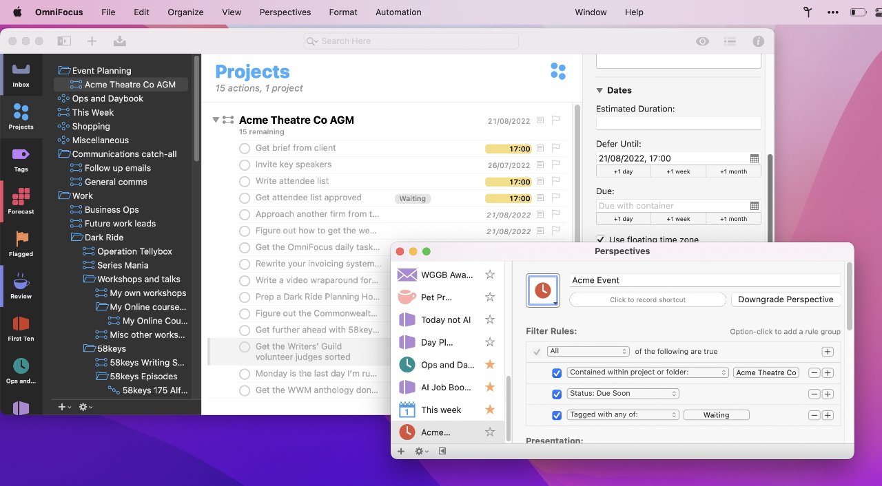 OmniFocus. Contexte : votre liste de choses à faire avec les dates et ce qu'il faut faire aujourd'hui. Premier plan : choisissez de ne voir que les tâches urgentes où vous attendez quelqu'un d'autre 