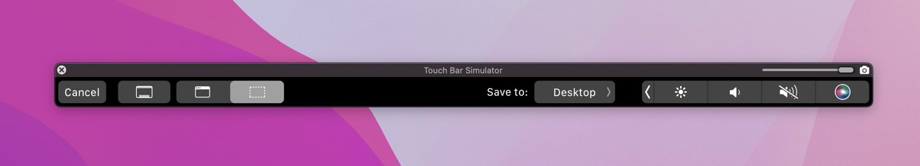 Touch Bar Simulator imite l'interface physique de la barre tactile, visible comme une fenêtre macOS. 