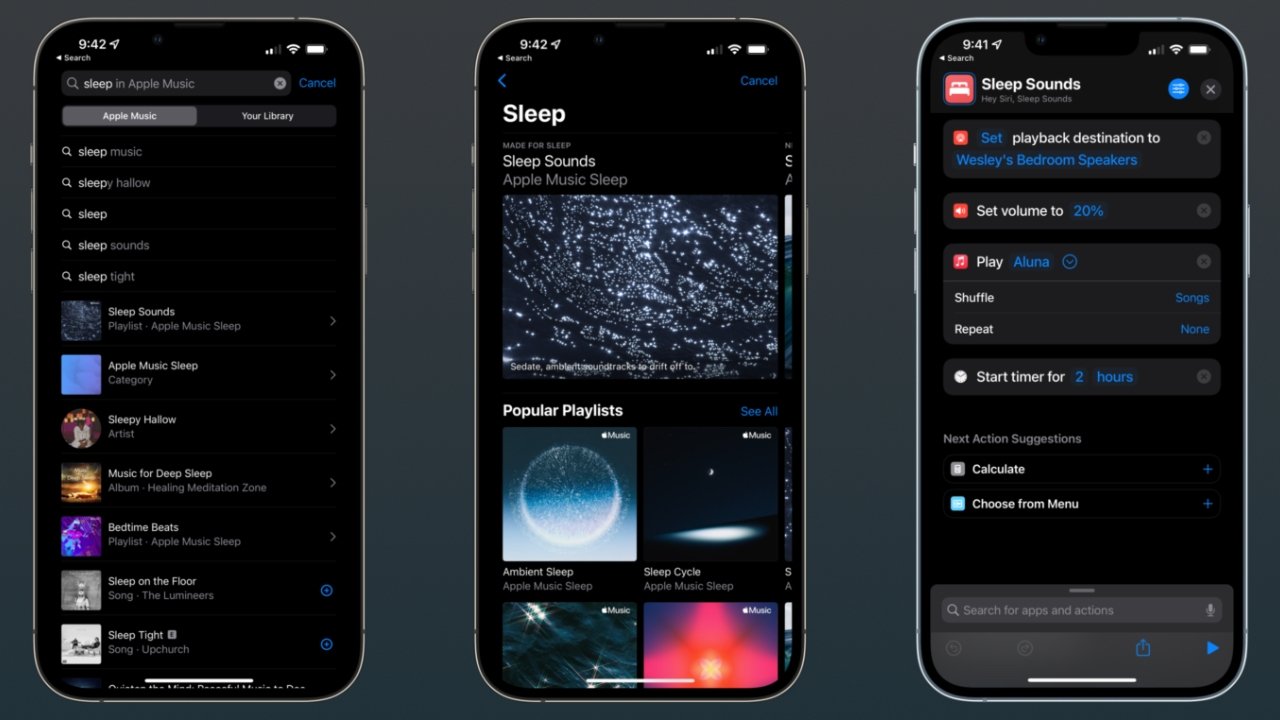 Utilisez la catégorie Apple Music Sleep pour trouver des options de liste de lecture pour votre raccourci