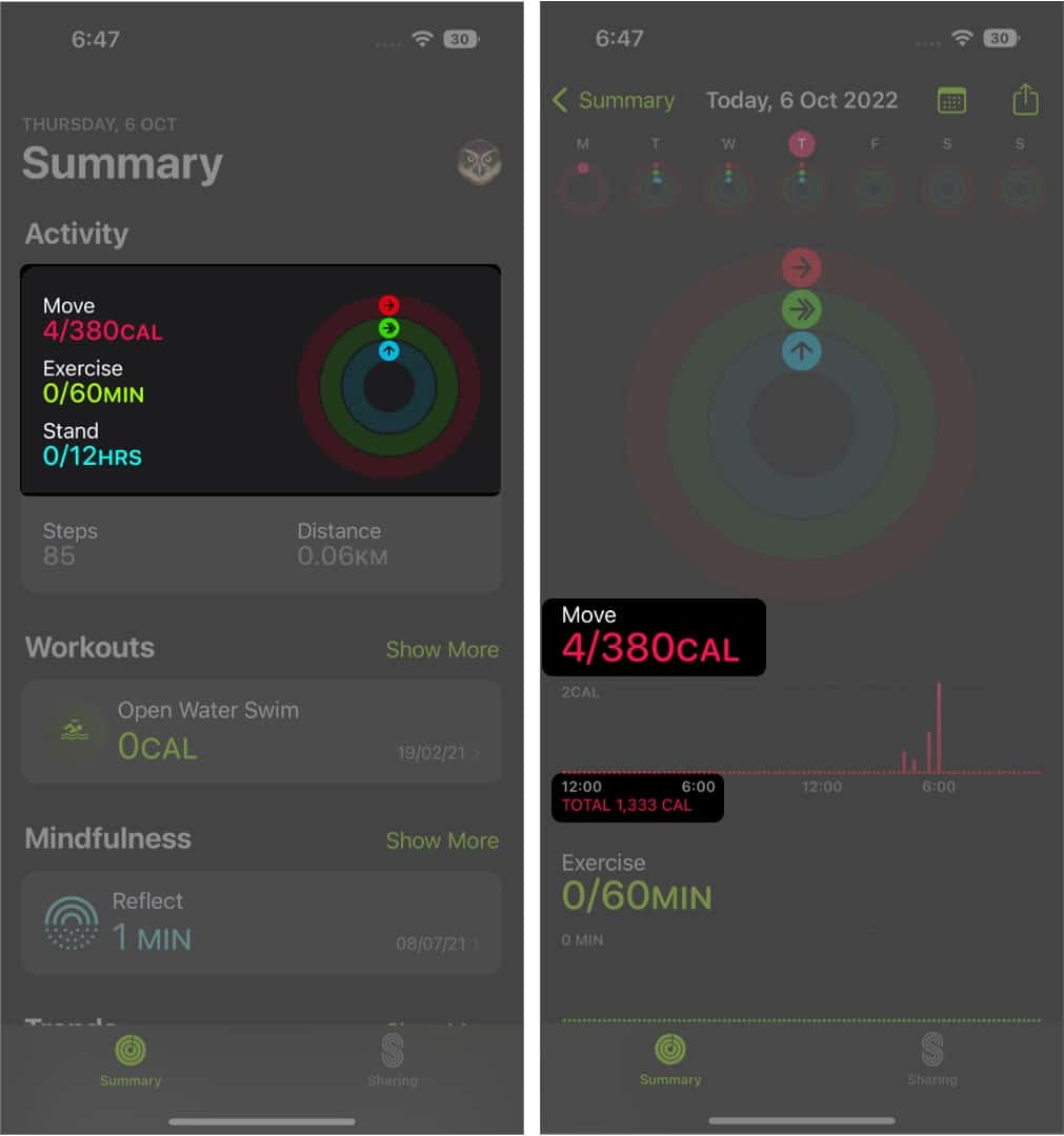 Calories actives et totales dans l'application Fitness sur un iPhone