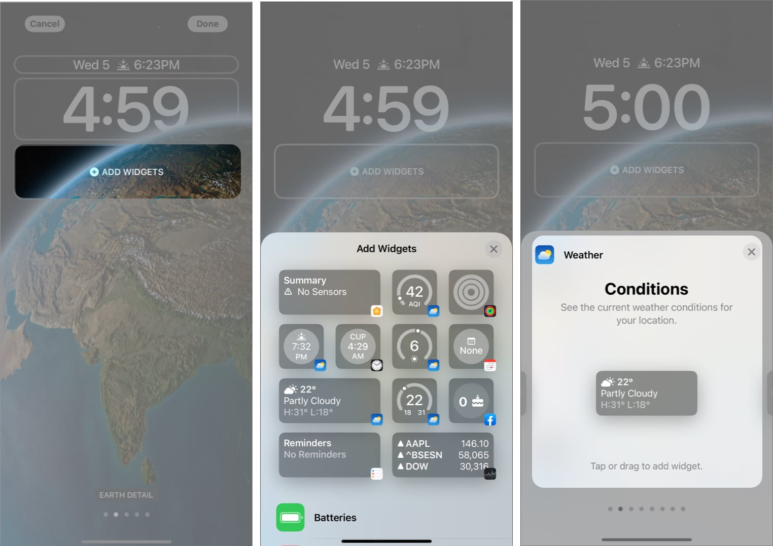 Appuyez sur AJOUTER DES WIDGETS pour ajouter des widgets météo sur iPhone