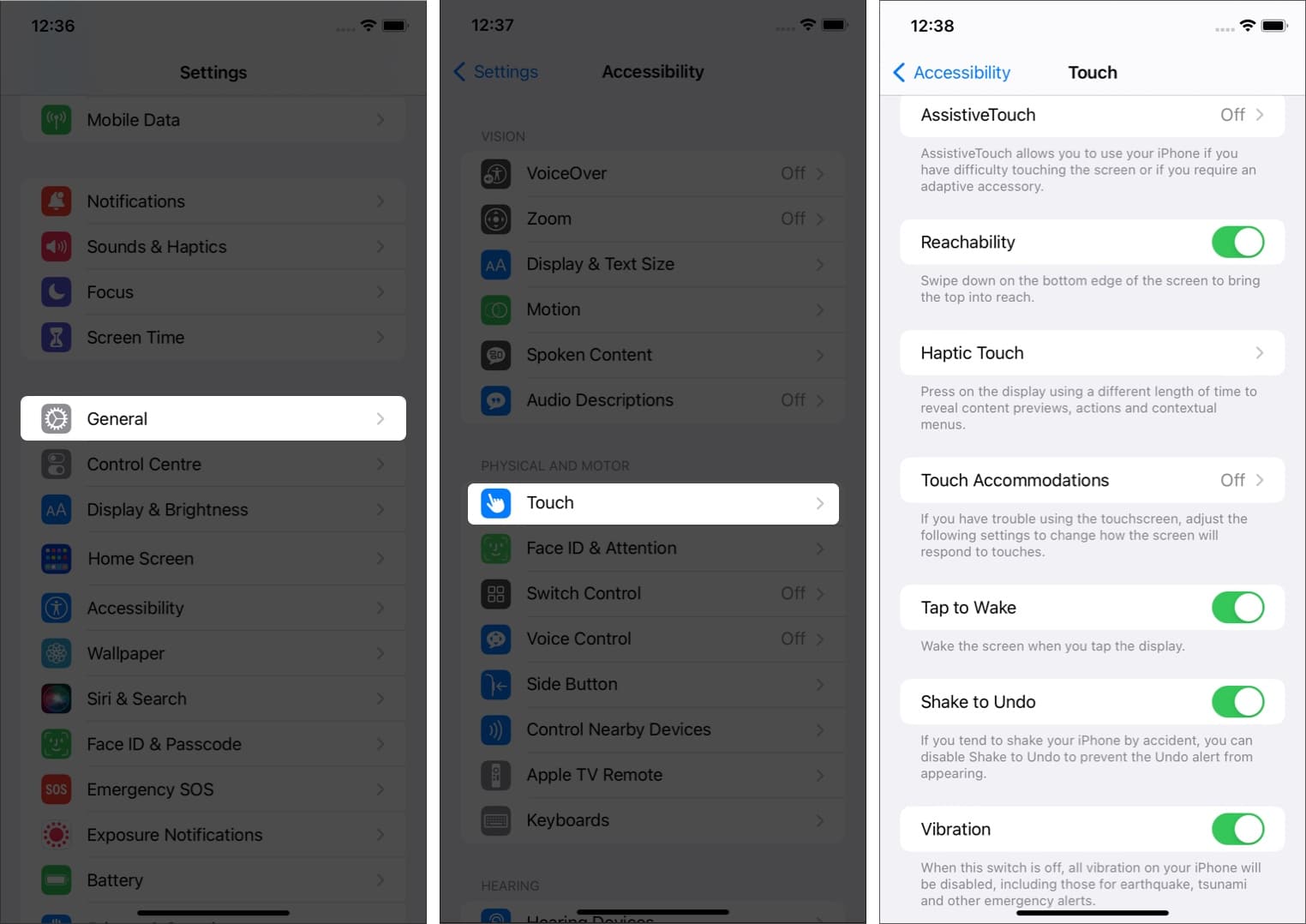 Étapes mises en évidence pour ouvrir les paramètres tactiles d'accessibilité sur un iPhone avec iOS 16