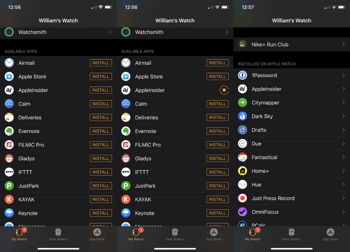 LR Recherchez la section Applications disponibles dans l'application Apple Watch de l'iPhone. Choisissez-en un à installer, puis il apparaît sous la liste Installé