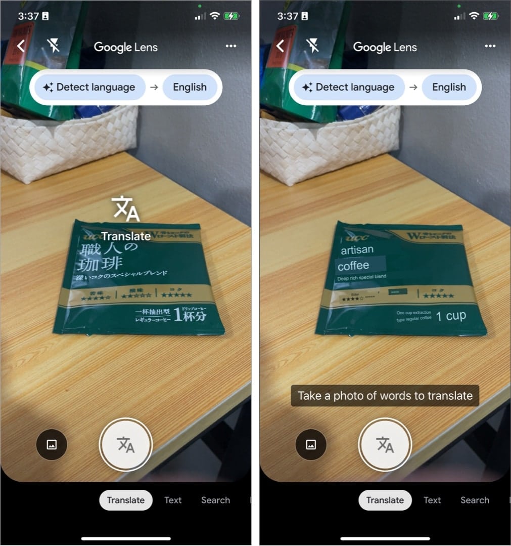 Utilisation de la traduction dans Google Lens sur un iPhone