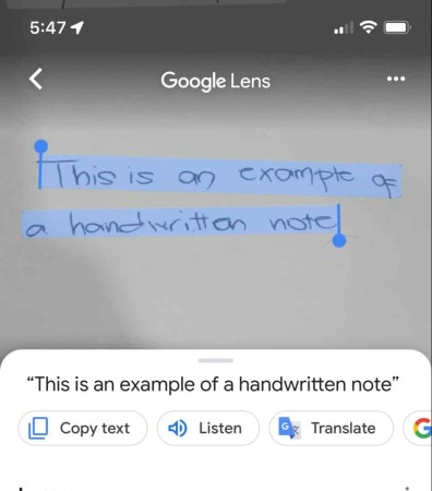 Numérisation de texte manuscrit à l'aide de Google Lens sur un iPhone