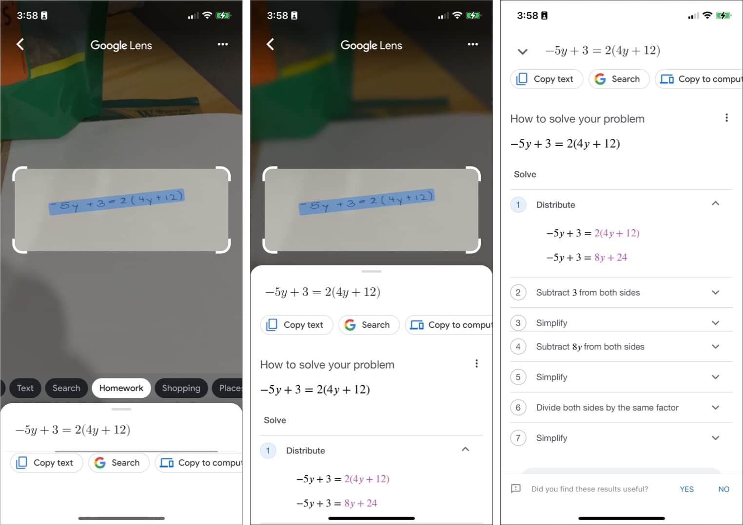 Numérisation des devoirs dans Google Lens sur iPhone