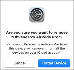 Cliquez sur Oublier l'appareil pour dissocier les AirPod de Mac