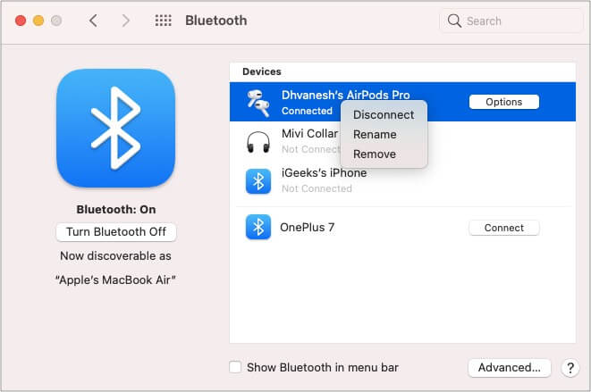 Sélectionnez AirPods dans la section des appareils Bluetooth et appuyez sur supprimer sur Mac