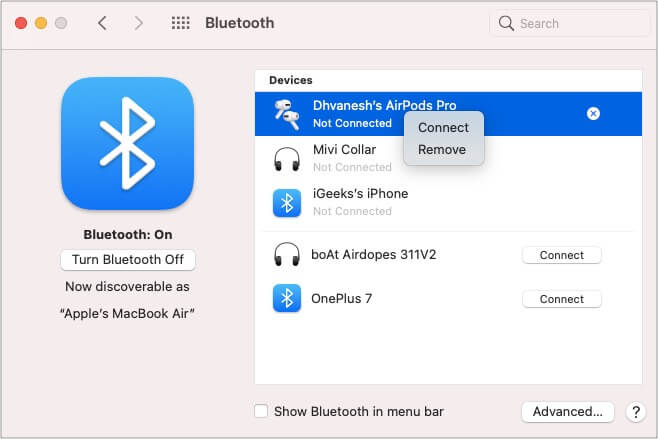 Sélectionnez AirPods et cliquez avec le bouton droit pour vous connecter sur Mac