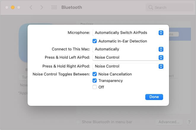 Cliquez sur Options à côté du nom des AirPods