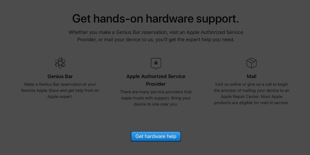 Ouverture du site Web Apple Genius Bar sur un appareil et sélection de l'aide matérielle