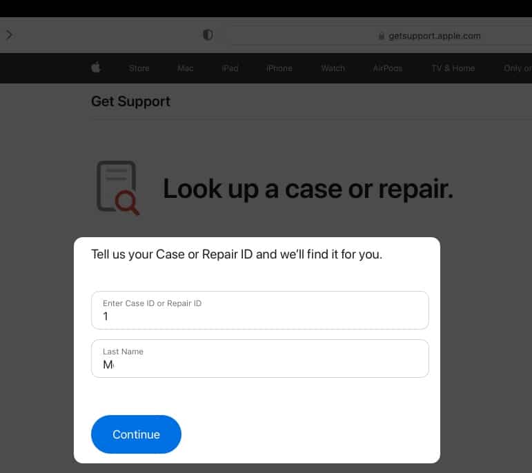 Entrez votre ID de boîtier Genius Bar sur le site Web d'assistance Apple