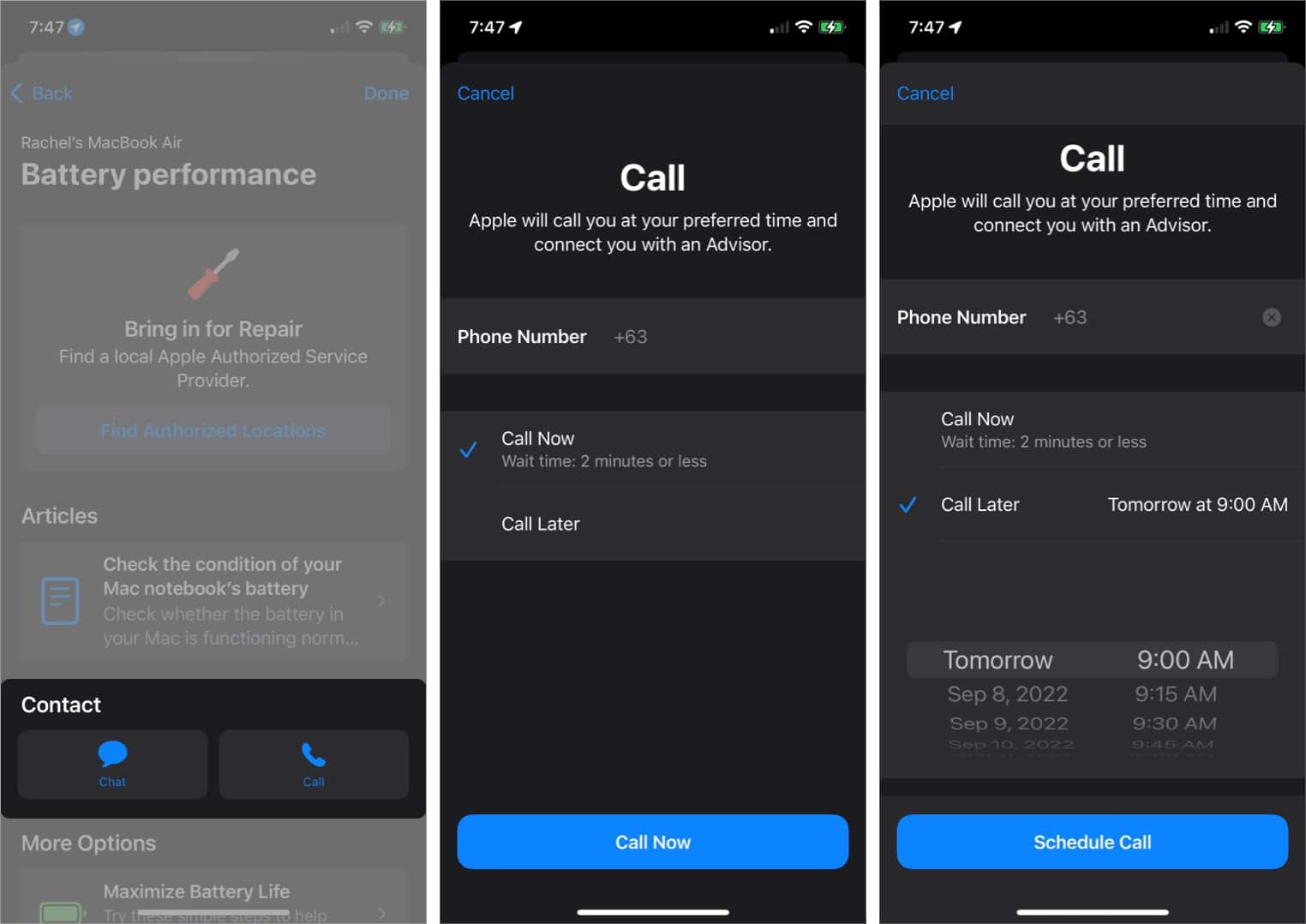 Autres options d'assistance dans l'application Apple Suport sur un iPhone