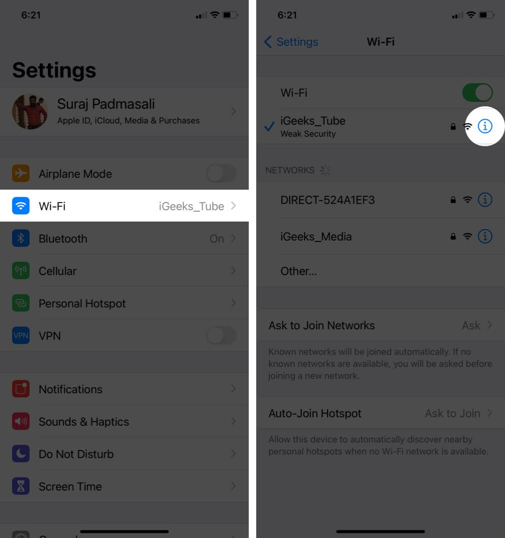 appuyez sur le wi-fi dans l'application des paramètres, puis appuyez sur i à côté du wi-fi connecté sur l'iphone