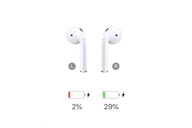 Ce sont des AirPods d'origine de décembre 2016 et leur niveau de batterie après moins de deux heures d'utilisation