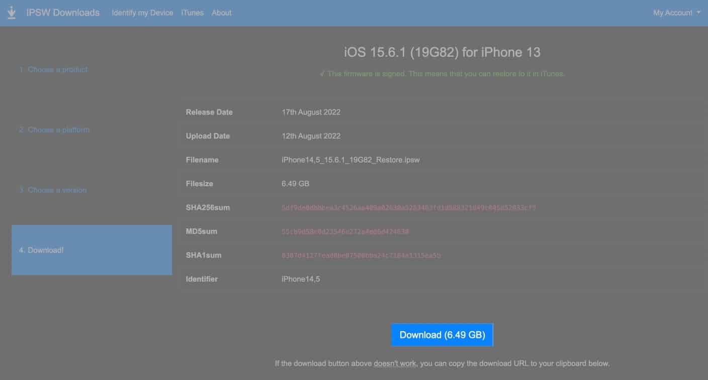 Téléchargez la version iOS sur Mac en utilisant ipsw.me 