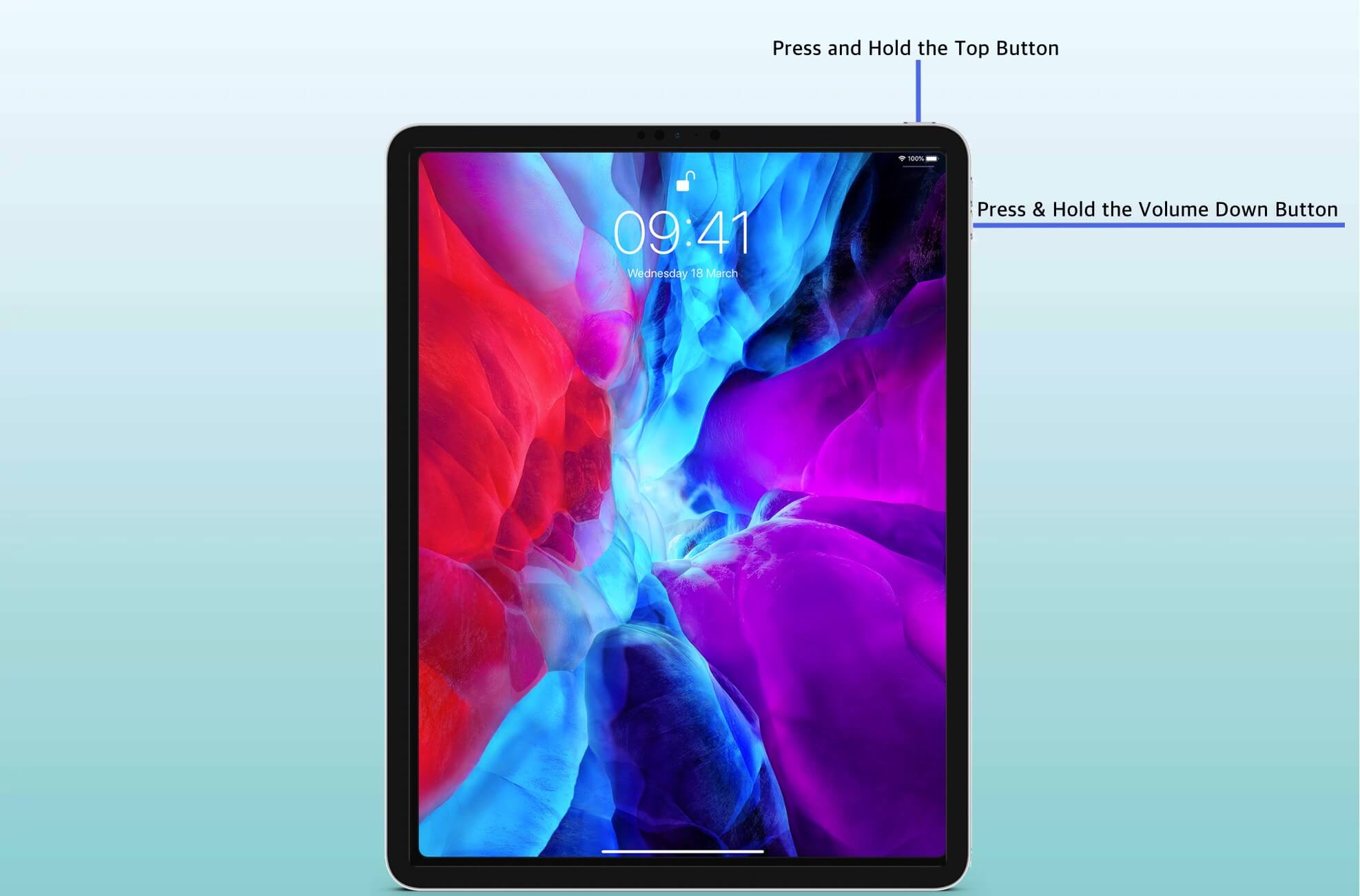 Appuyez et maintenez enfoncé le bouton supérieur et le bouton de réduction du volume sur un iPad doté d'un identifiant de visage