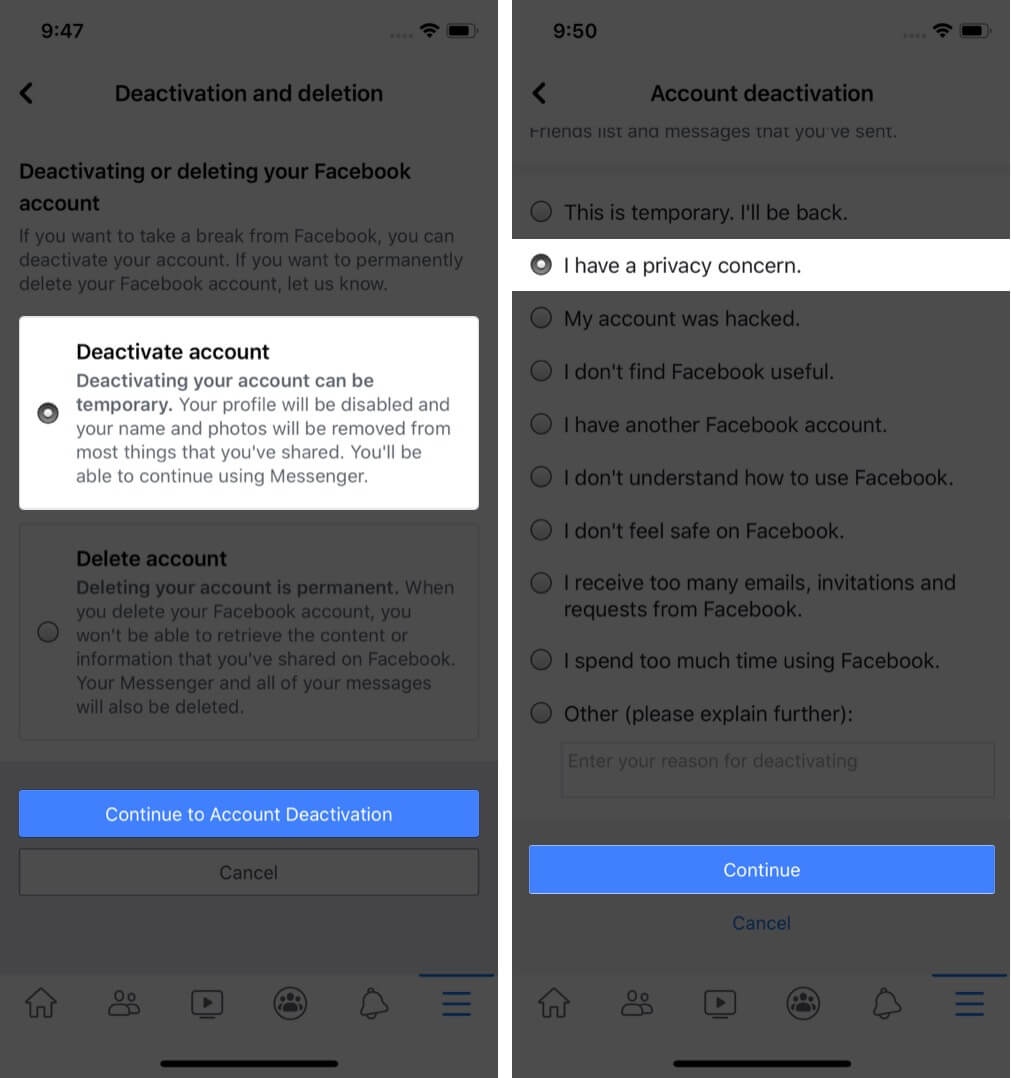 sélectionnez désactiver le compte choisissez la raison et appuyez sur continuer dans l'application facebook