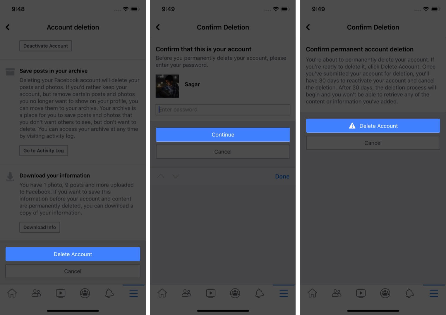 supprimer définitivement un compte facebook sur iphone