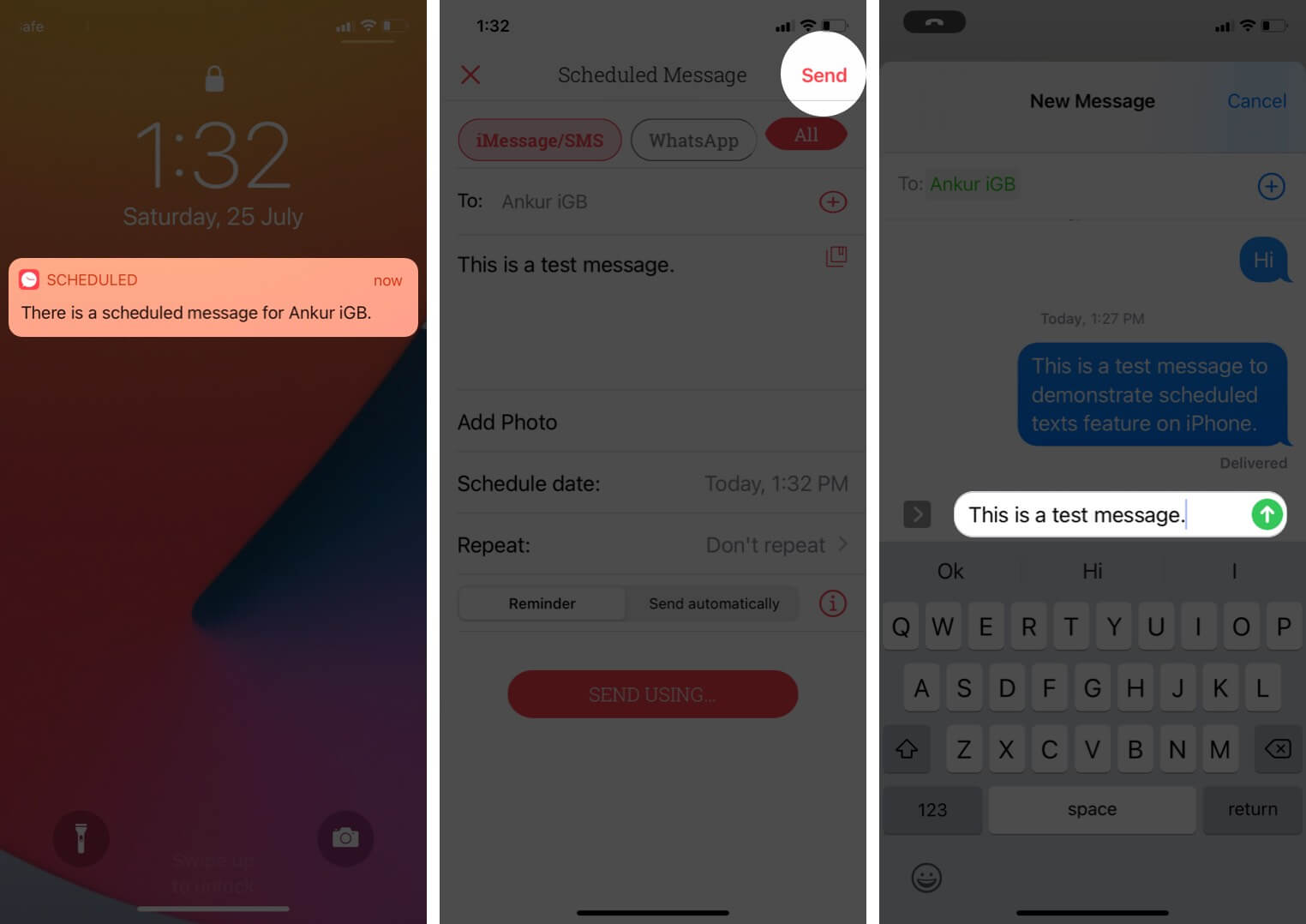 appuyez sur la notification et appuyez sur envoyer, puis appuyez sur la flèche pour envoyer un message texte sur l'iphone