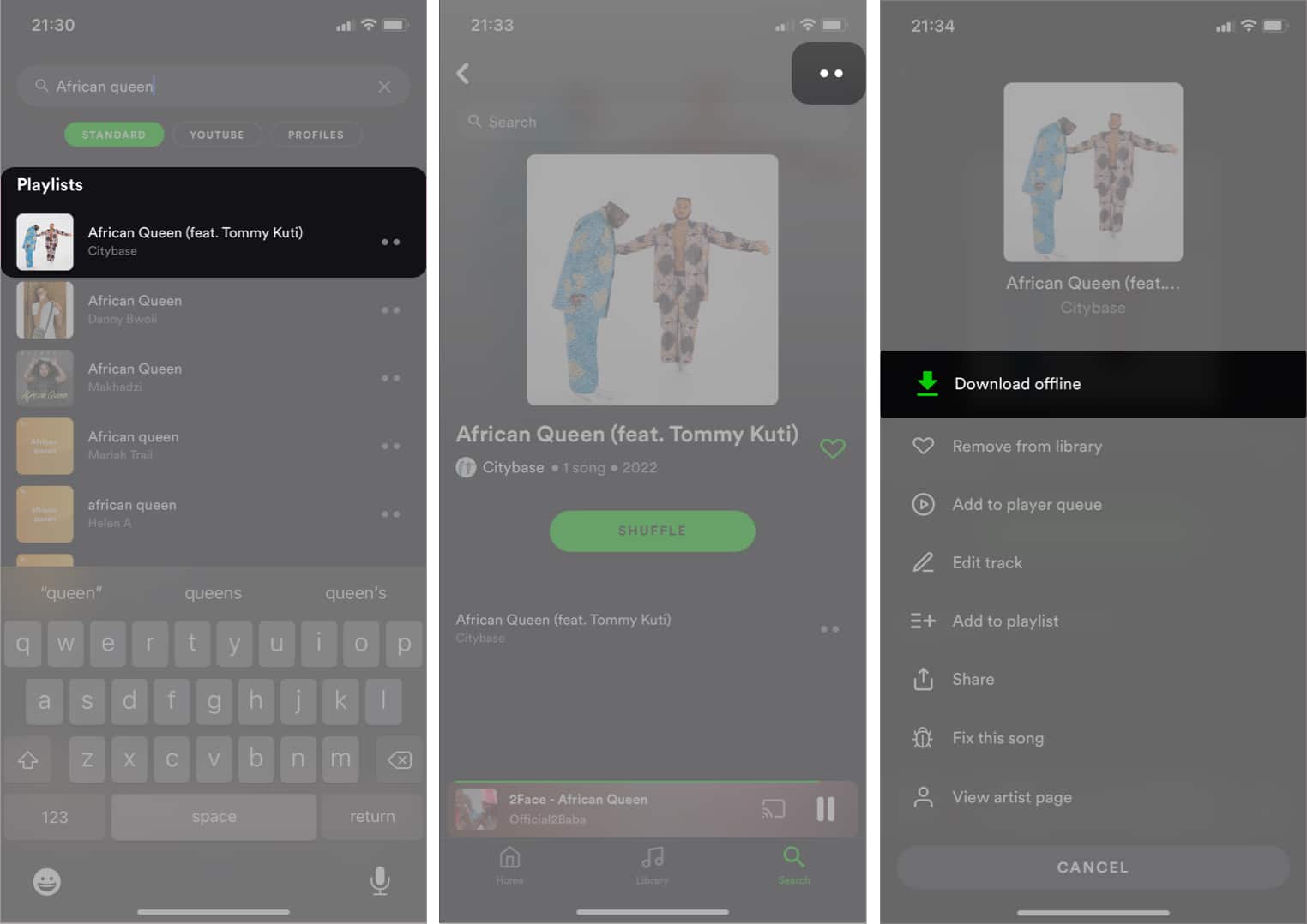 Appuyez sur Télécharger hors ligne dans l'application de musique eSound pour iOS