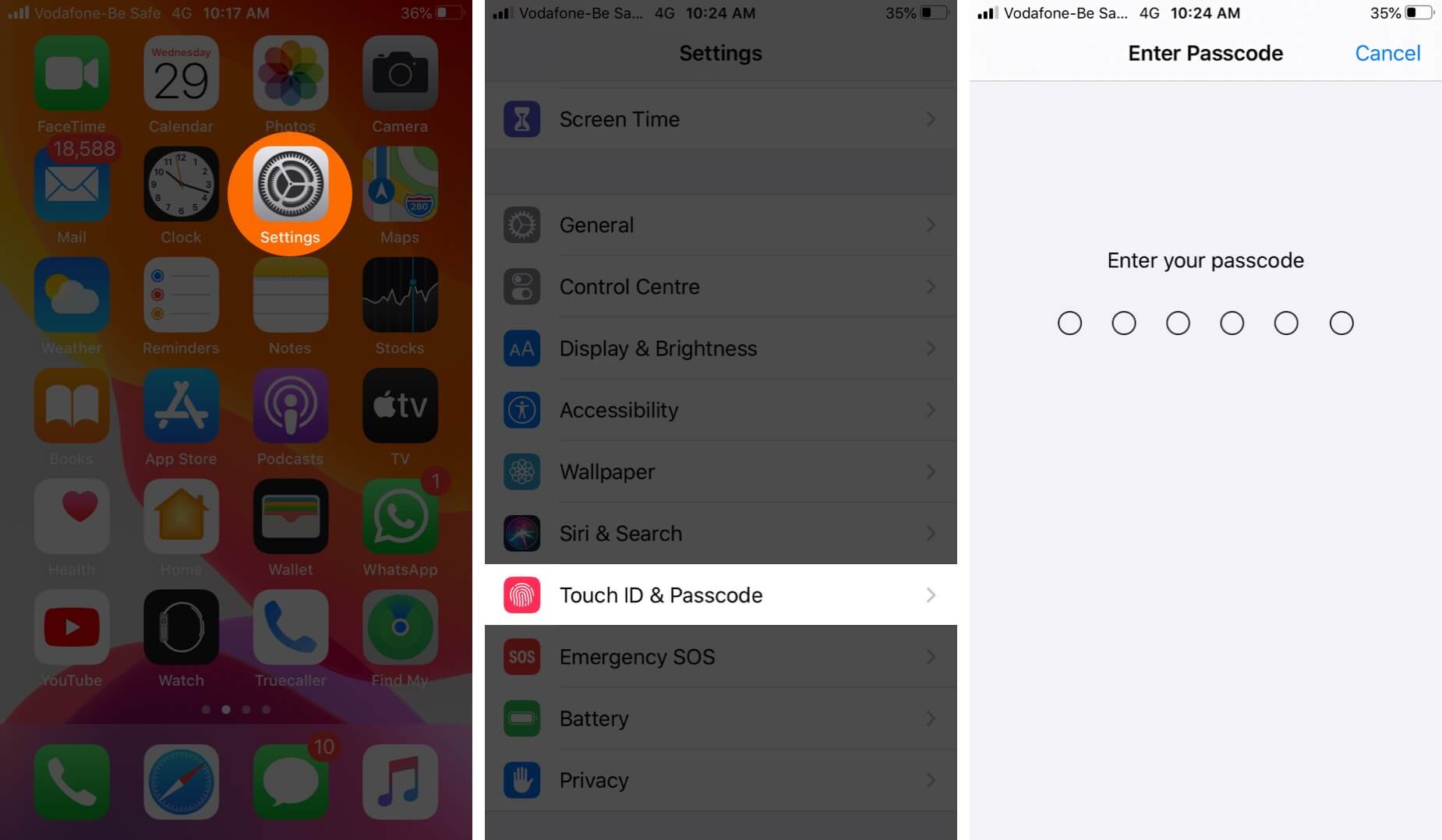 Ouvrez les paramètres et appuyez sur Touch ID & Passcode