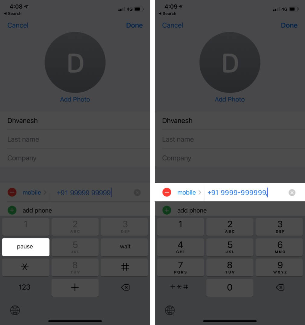 Appuyez sur Pause pour ajouter une virgule au numéro de téléphone sur iPhone