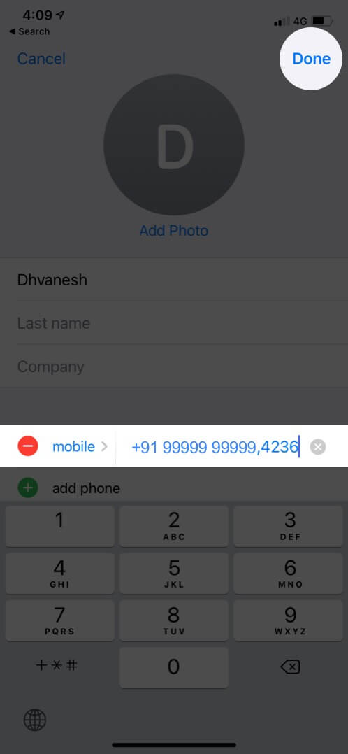 Tapez Extension et appuyez sur Terminé pour enregistrer les extensions dans les contacts iPhone