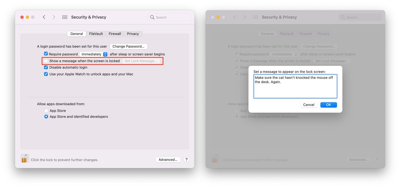 Vous pouvez définir ou désactiver le message d'écran de verrouillage dans la section Sécurité et confidentialité des Préférences Système. 