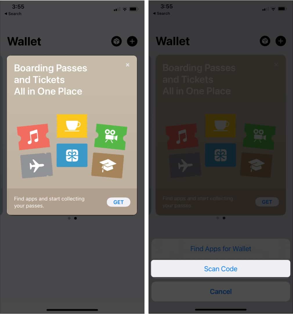 Ajout d'un pass ou d'un billet à Apple Wallet sur iPhone à l'aide de l'option Scan Code