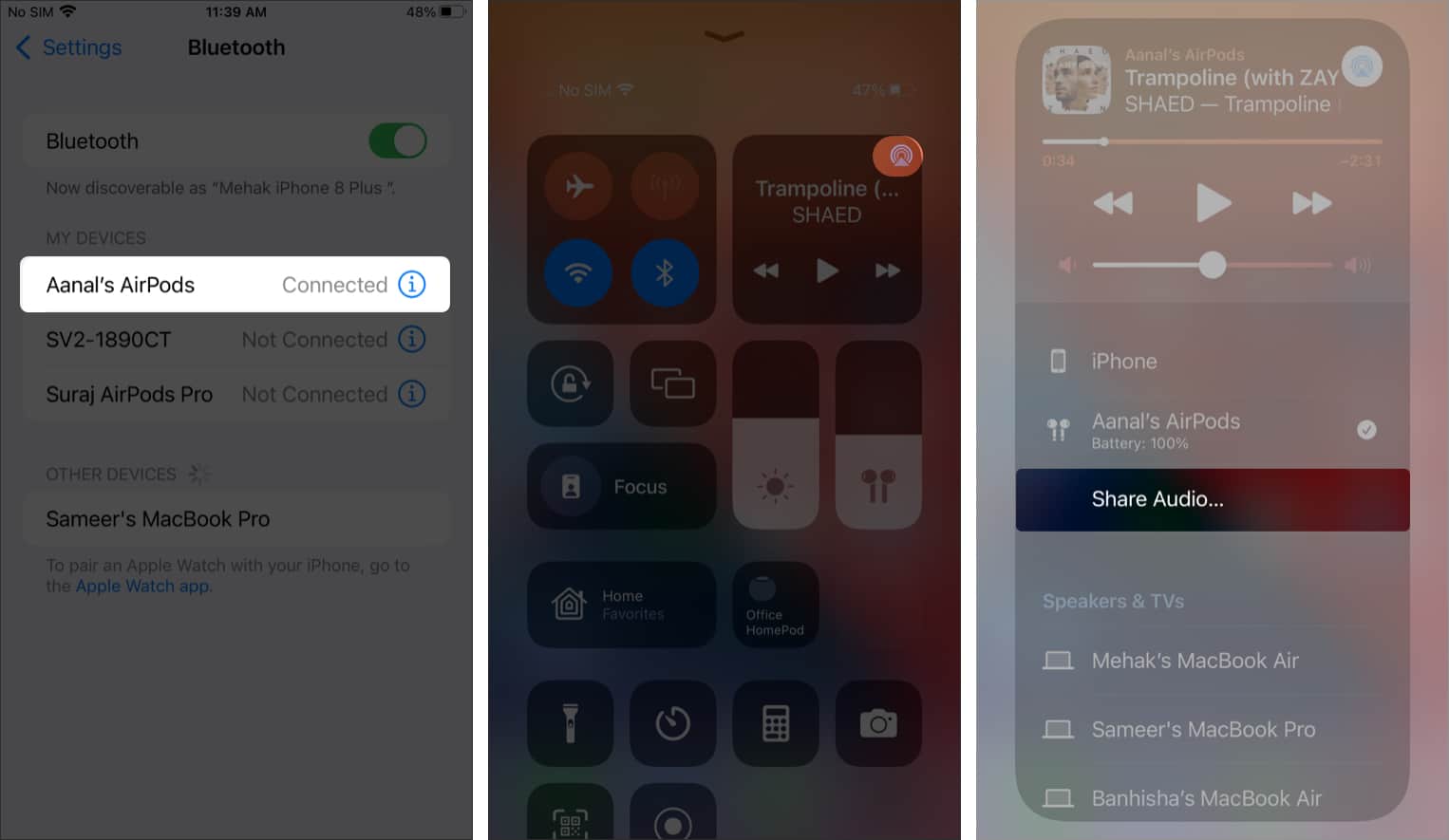 Appuyez sur Partager l'audio depuis le centre de contrôle de l'iPhone