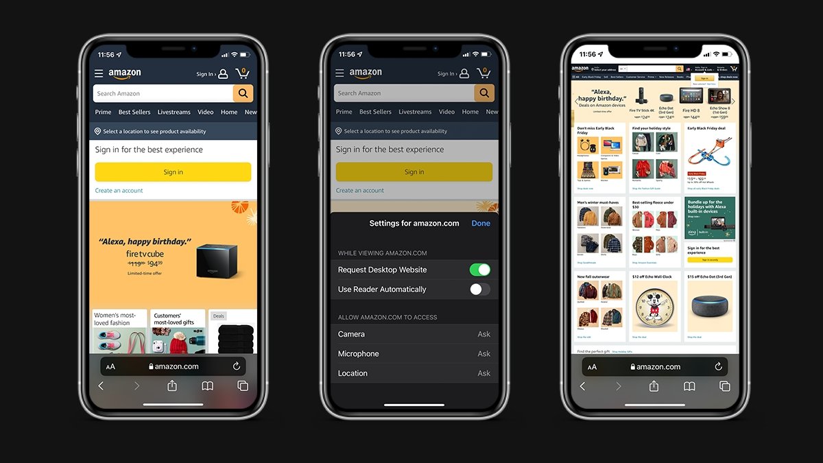 Les sites mobiles et de bureau d'Amazon sur un iPhone