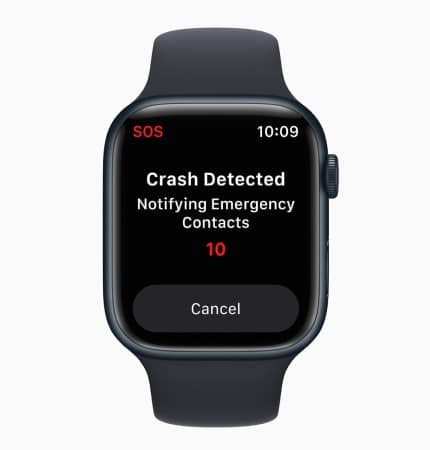 Écran Apple Watch affichant Crash Detected