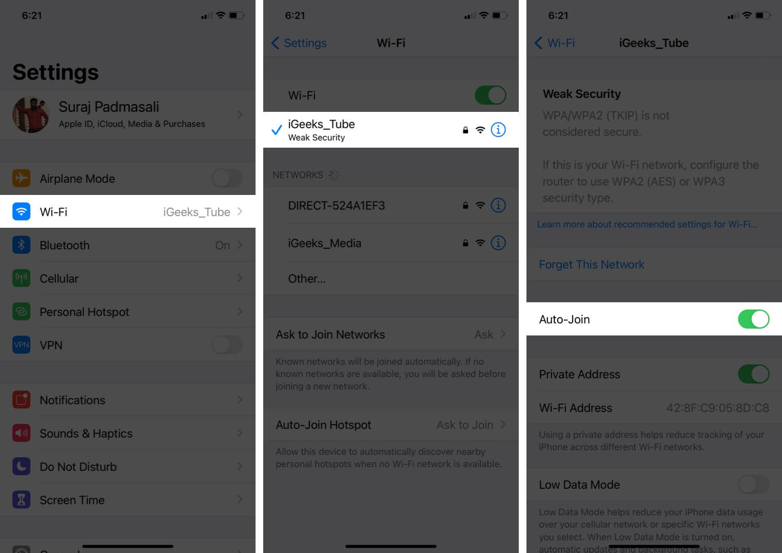 appuyez sur wi-fi dans les paramètres de l'iphone, puis appuyez sur i à côté du wi-fi connecté, puis activez la jointure automatique