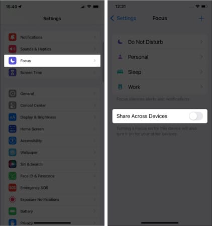 Désactiver le partage de focus entre les appareils dans iOS 15