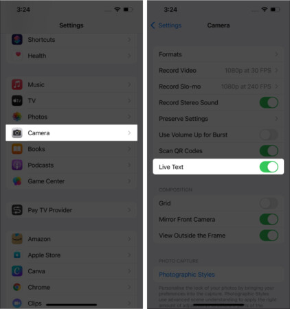 Assurez-vous que le texte en direct est activé pour l'appareil photo sur iPhone
